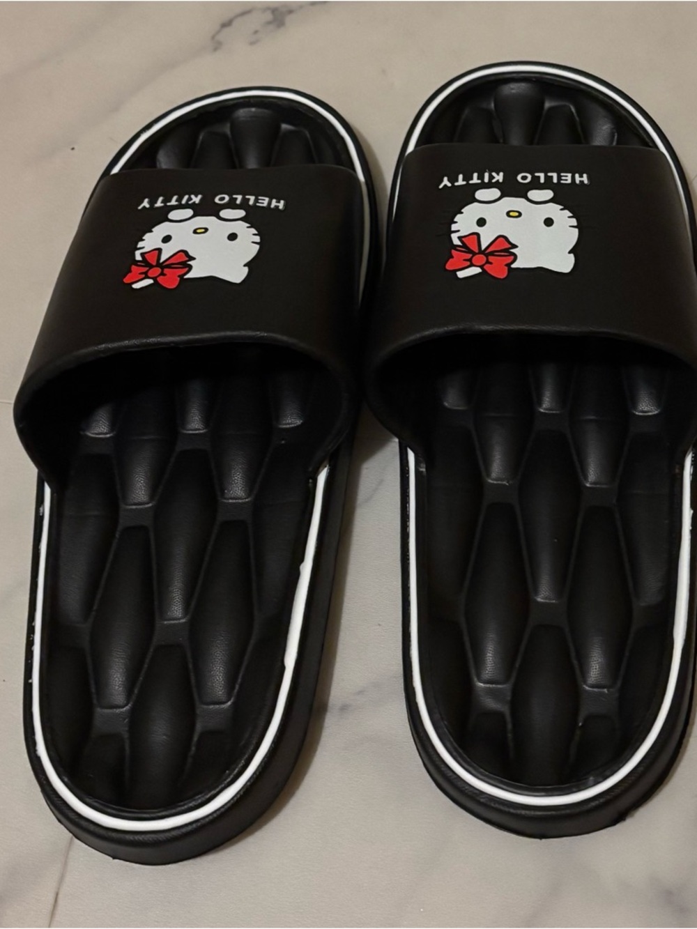 Bold Black Hello Kitty Slides with Red Bow(7 1/2-8)size
